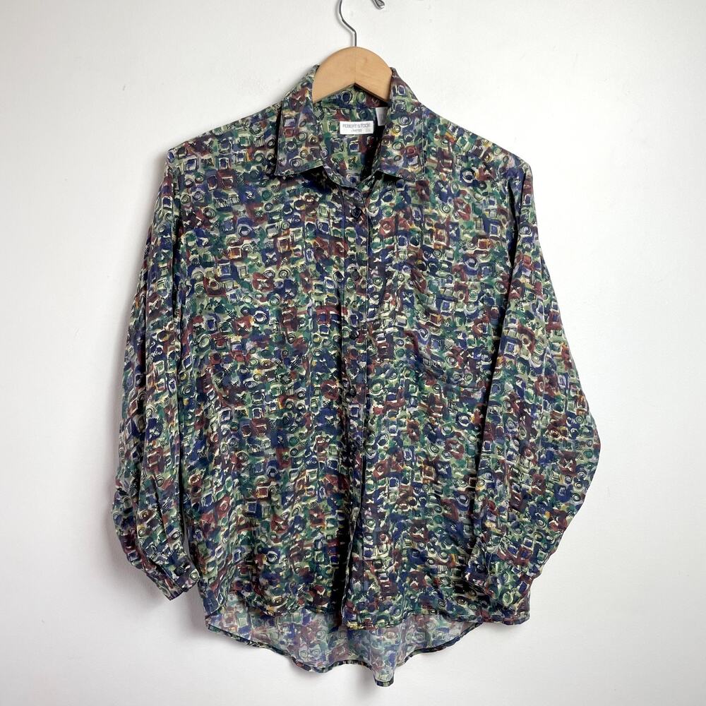 Vintage 90s‎ Robert Stock Silk Shirt Small Abstract Artsy Maximalist Eclectic